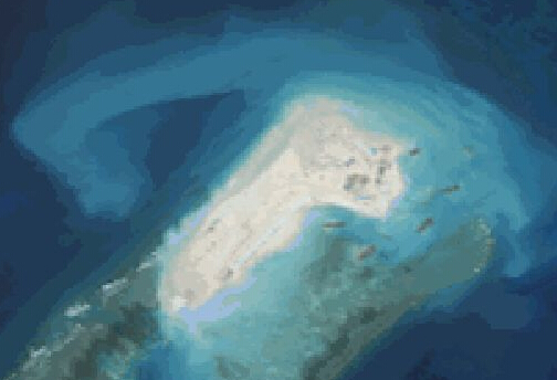 Satellite image of Fiery Cross Reef, reportedly taken in October 18, 2014, showing an artificial island.
